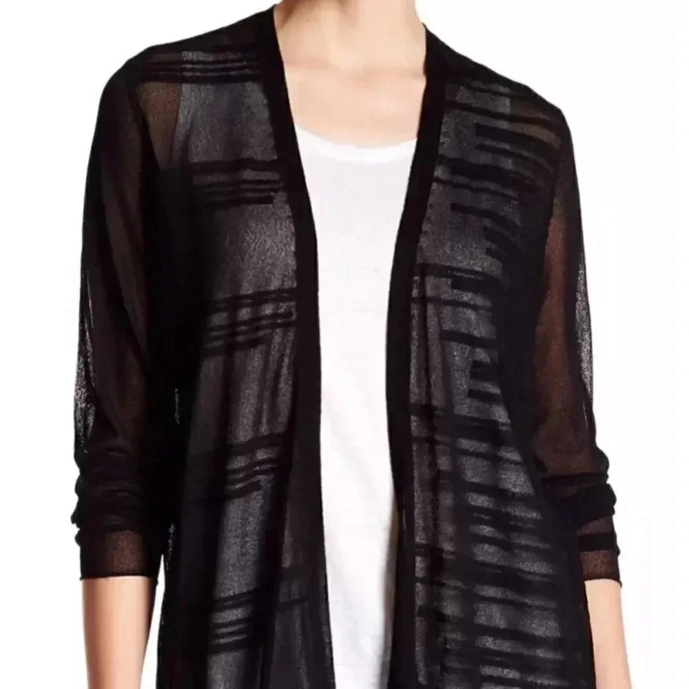 NWT Women’s Eileen Fisher Black Straight Burnout Stripe  Long Cardigan Small NEW